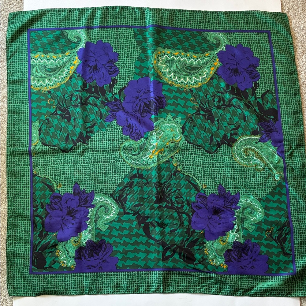 Christian Dior Green Purple and Gold 100% Silk Scarf with Floral Paisley Motif